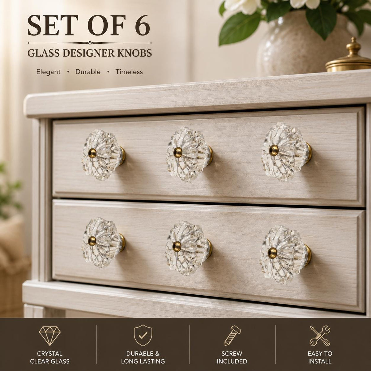 Clear Glass Crystal Knobs, Vintage Brass Drawer Pulls, Cabinet Hardware