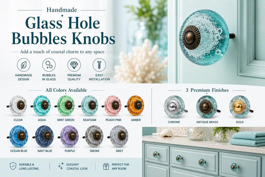Handmade Aqua Glass Bubble Knobs | Antique Brass Drawer Pulls | Coastal Decor