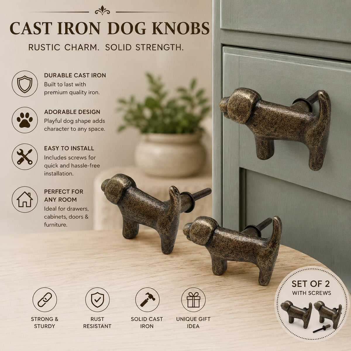 Cast Iron Dog Drawer Knobs – Rustic Farmhouse Furniture Pulls
