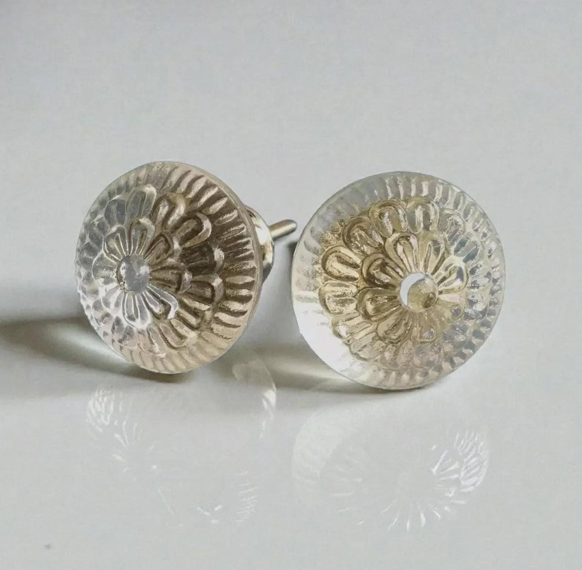 Clear Embossed Glass Cabinet Knob, Floral Vintage Dresser Pull, Handmade Hardware (1.5 Inch)