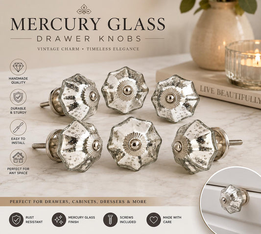 Handcrafted Mercury Glass Cabinet Knob, Vintage Silver Drawer Pull, Metal Hardware (44mm)