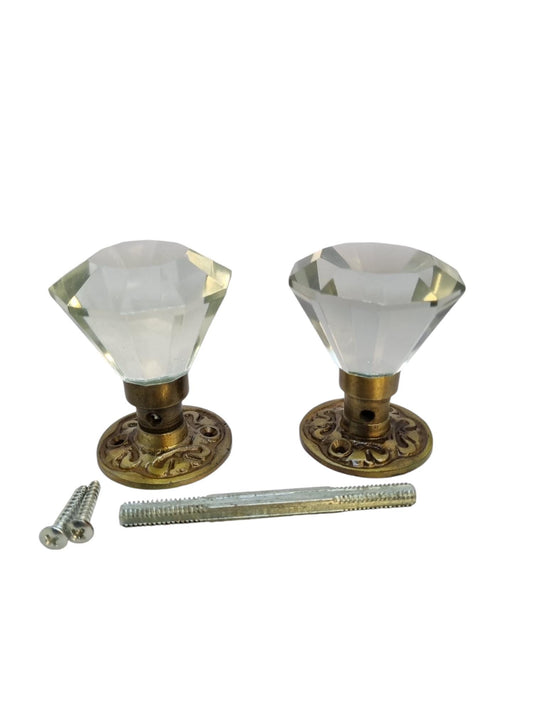 60mm Crystal Diamond Glass Door Knobs Set, Antique Brass Vintage Interior Handles