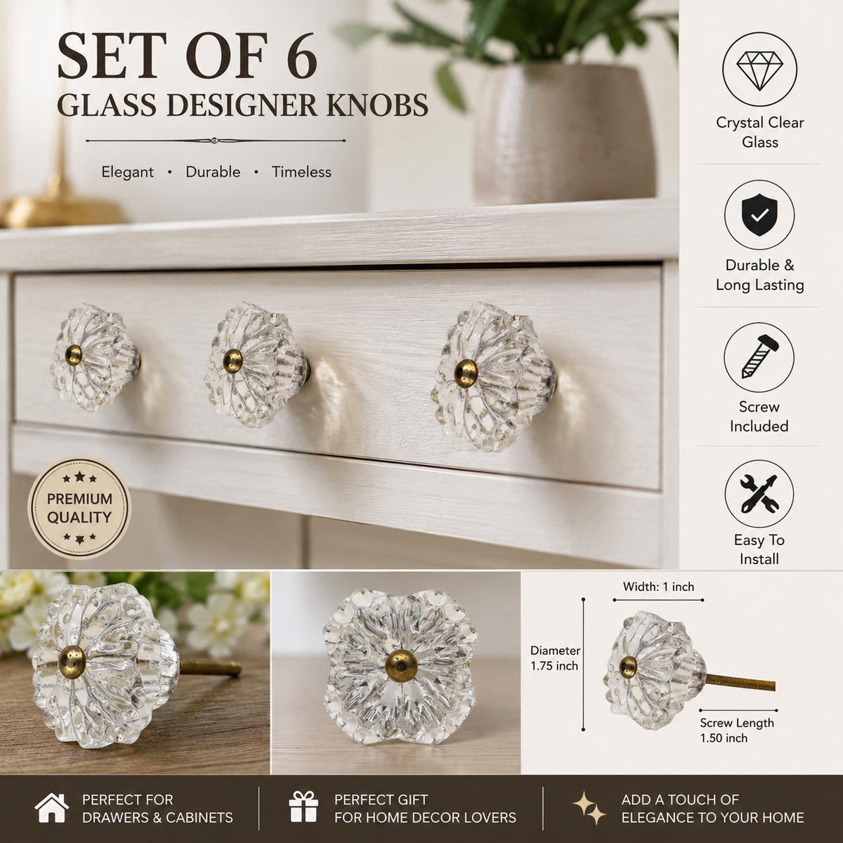 Clear Glass Crystal Knobs, Vintage Brass Drawer Pulls, Cabinet Hardware