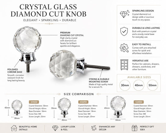 Crystal Glass Cabinet Knobs, Faceted Diamond Cut Drawer Pulls, Clear Glass Hardware