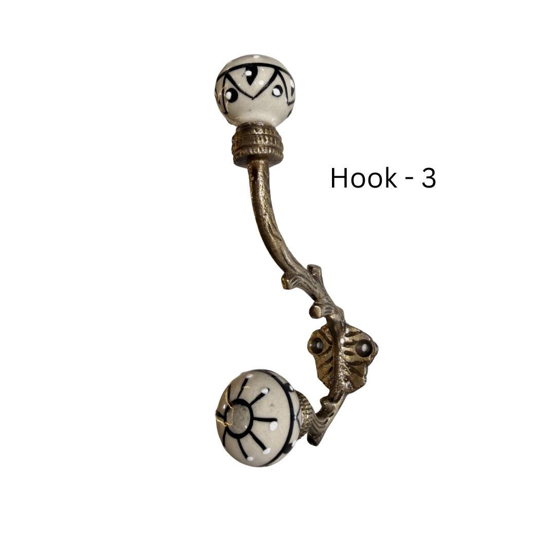 Hand-Painted Ceramic Brass Wall Hooks Set: Vintage Floral Design, Rustic Entryway Hanger