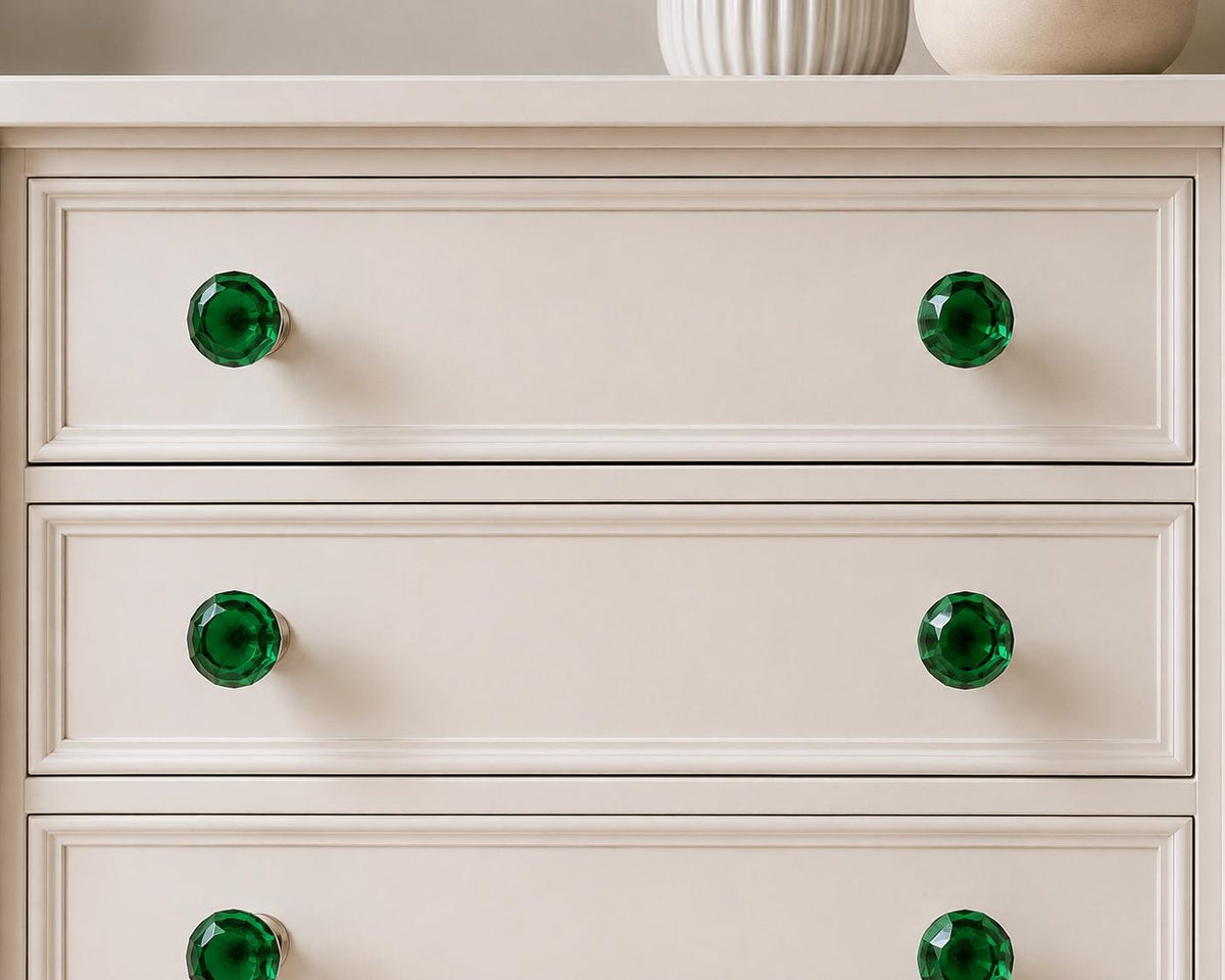 Vintage Green Glass Cabinet Knob, Round Faceted Drawer Pull, Antique Style Hardware