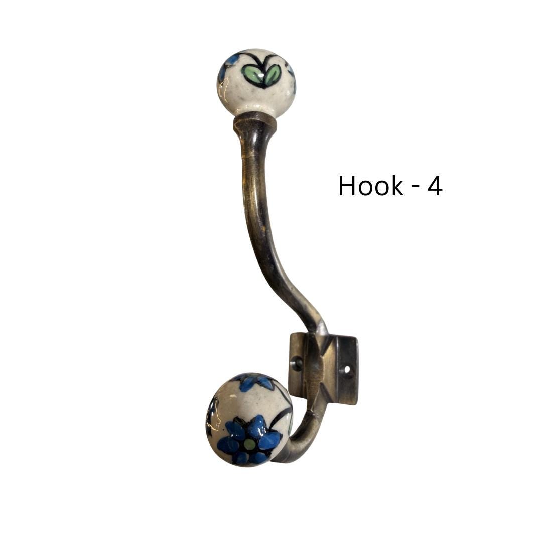 Hand-Painted Ceramic Brass Wall Hooks Set: Vintage Floral Design, Rustic Entryway Hanger