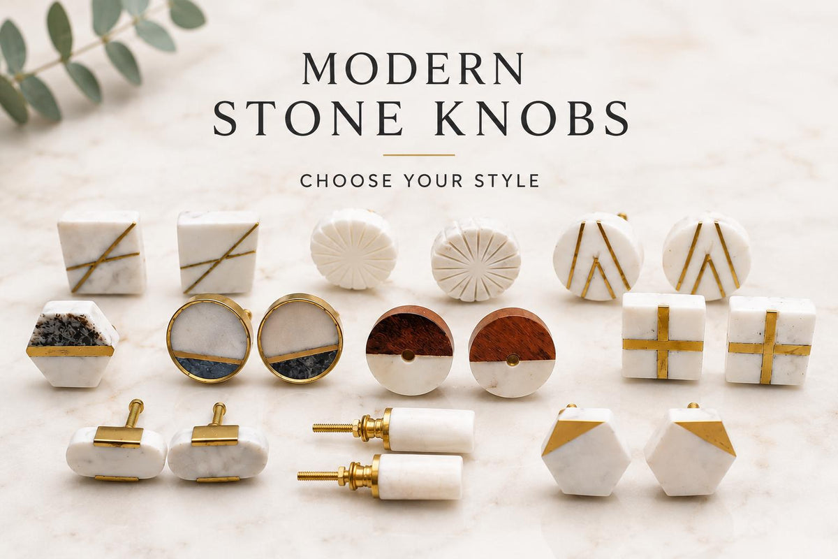 Handmade Marble Cabinet Knob with Brass Inlay - Geometric Shapes