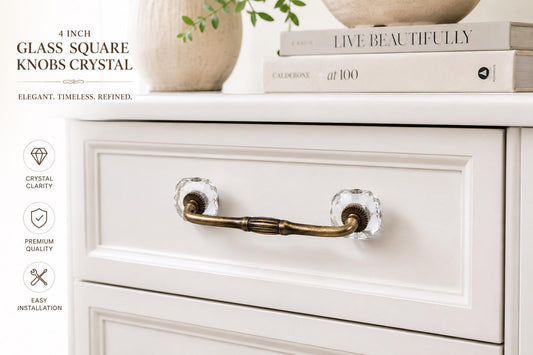 Vintage Crystal Glass Drawer Pull, Antique Brass Cabinet Handle (4 Inch)