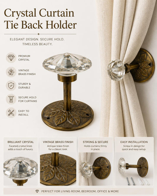 Vintage Crystal Curtain Tie Back Holder | Antique Brass Leaf Drapery Holdback