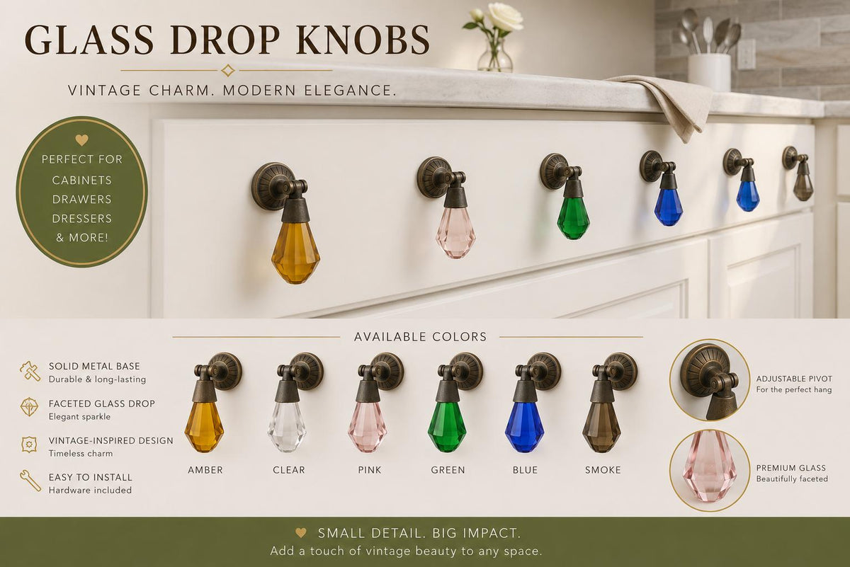 Faceted Glass Drop Cabinet Knobs | Antique Brass Vintage Drawer Pulls