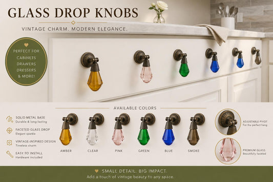 Faceted Glass Drop Cabinet Knobs | Antique Brass Vintage Drawer Pulls