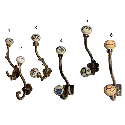 Hand-Painted Ceramic Brass Wall Hooks Set: Vintage Floral Design, Rustic Entryway Hanger