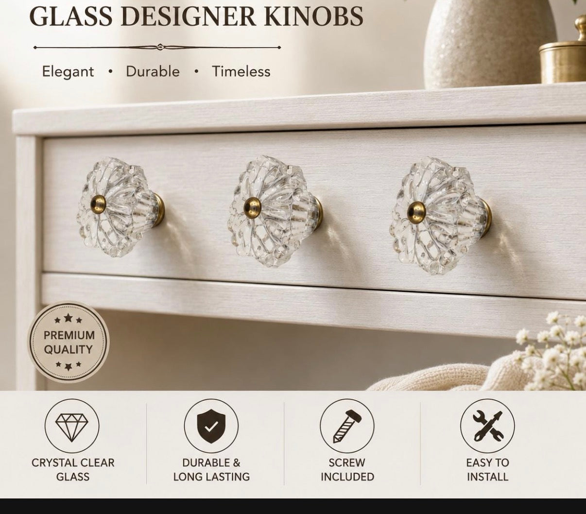 Handmade Glass Designer Cabinet Knobs – Crystal Clear Drawer Pulls for Kitchen Cabinets, Dressers & Furniture | Available in Aqua, Pink, Clear, Olive Green, Amber & Navy Blue