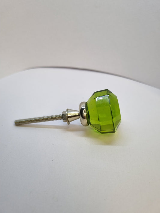 Handmade Olive Green Faceted Glass Cabinet Knob, Diamond Cut Drawer Pull