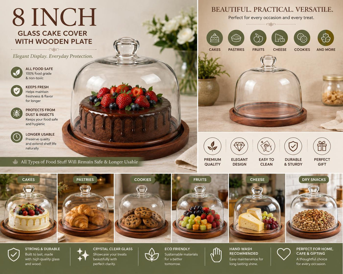 8-Inch Glass Cake Dome with Wooden Serving Plate, Bakery Display Cover