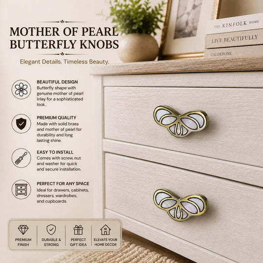 Mother of Pearl Butterfly Cabinet Knob – Brass Drawer Pull, Elegant Furniture Handle