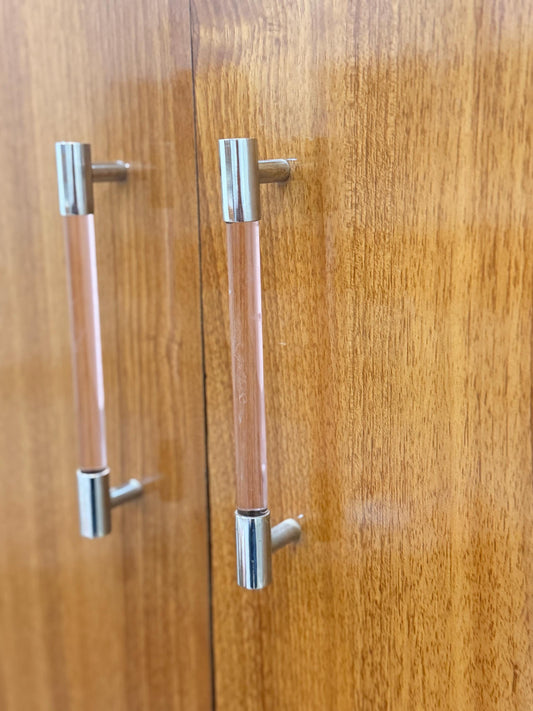 Blush Glass Cabinet Handle with Brass Fittings – Handmade Drawer Pull, Modern Wardrobe Hardware