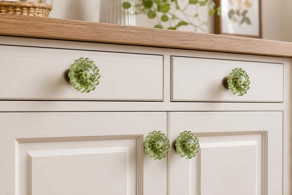 Vintage Green Glass Cabinet Knob, Round Faceted Drawer Pull, Antique Style Hardware