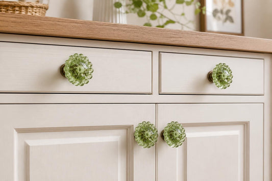 Vintage Green Glass Cabinet Knob, Round Faceted Drawer Pull, Antique Style Hardware