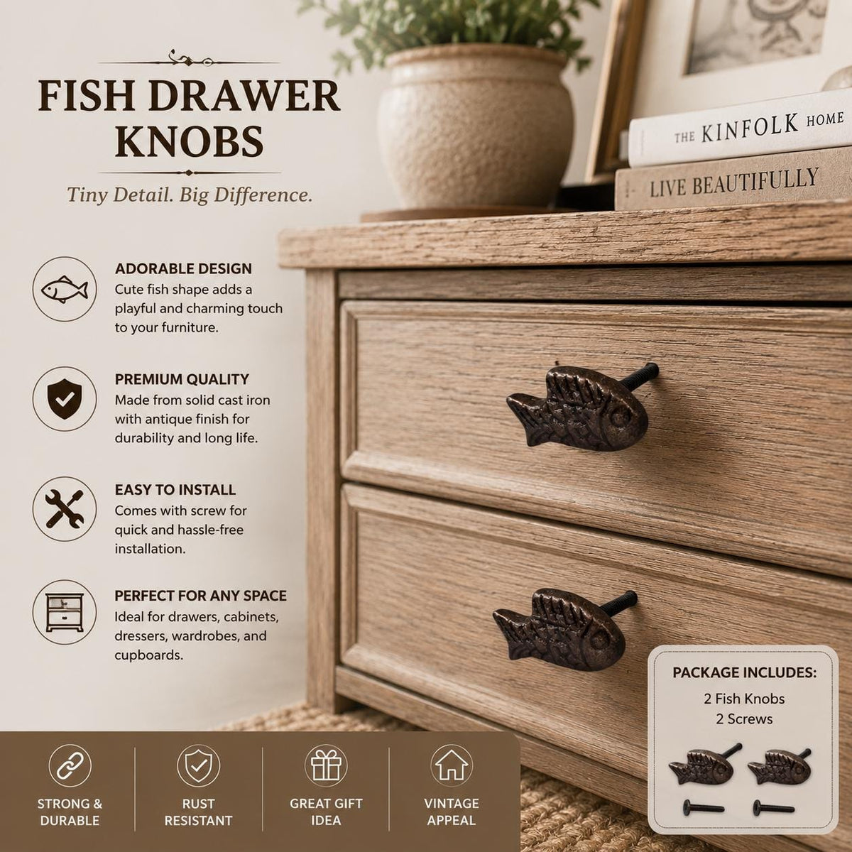 Cast Iron Fish Drawer Knobs – Rustic Cabinet Pulls, Antique Bronze Nautical Hardware