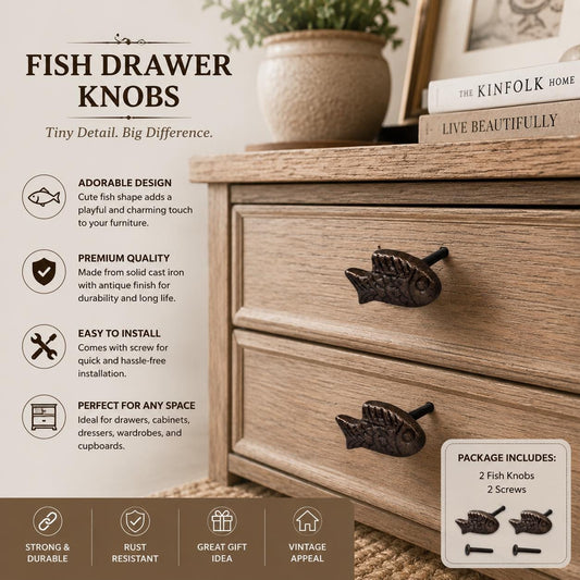 Cast Iron Fish Drawer Knobs – Rustic Cabinet Pulls, Antique Bronze Nautical Hardware