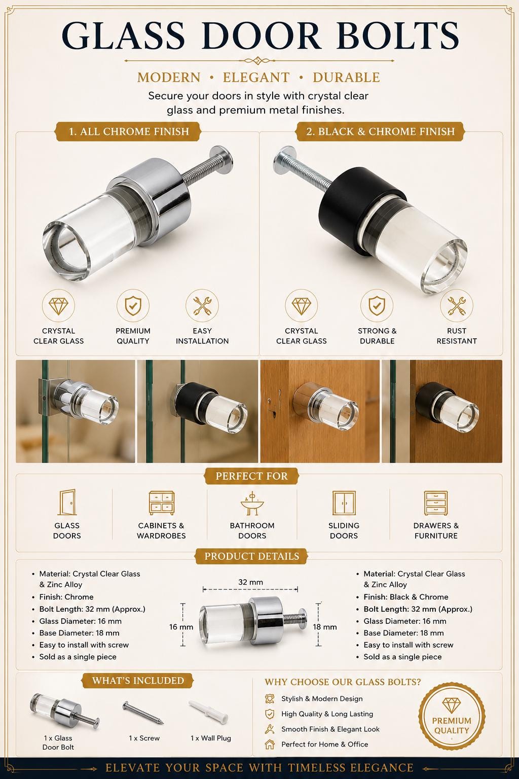 32mm Crystal Glass Door Bolt | Chrome & Black Wall Mounted Door Stop