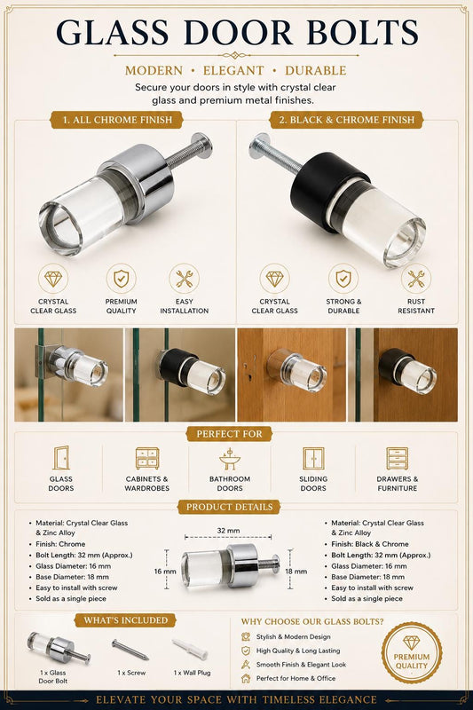 32mm Crystal Glass Door Bolt | Chrome & Black Wall Mounted Door Stop