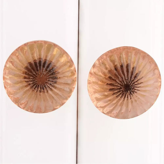 Set of 6 glass round flat pink flower knob