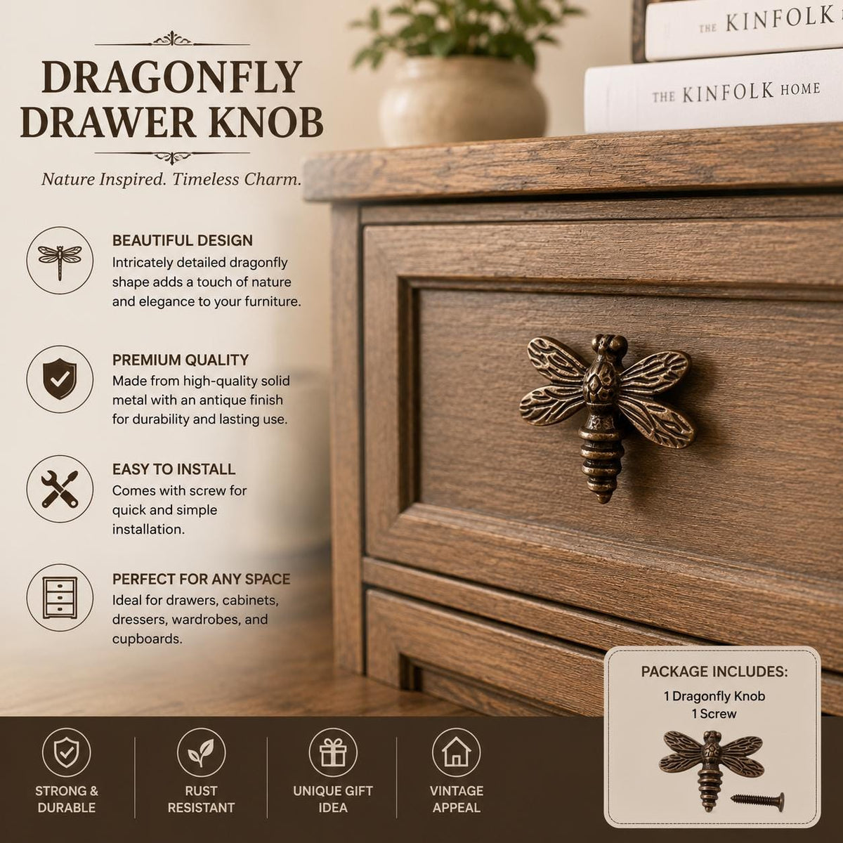 Cast Iron Dragonfly Drawer Knob – Rustic Antique Bronze Furniture Handle