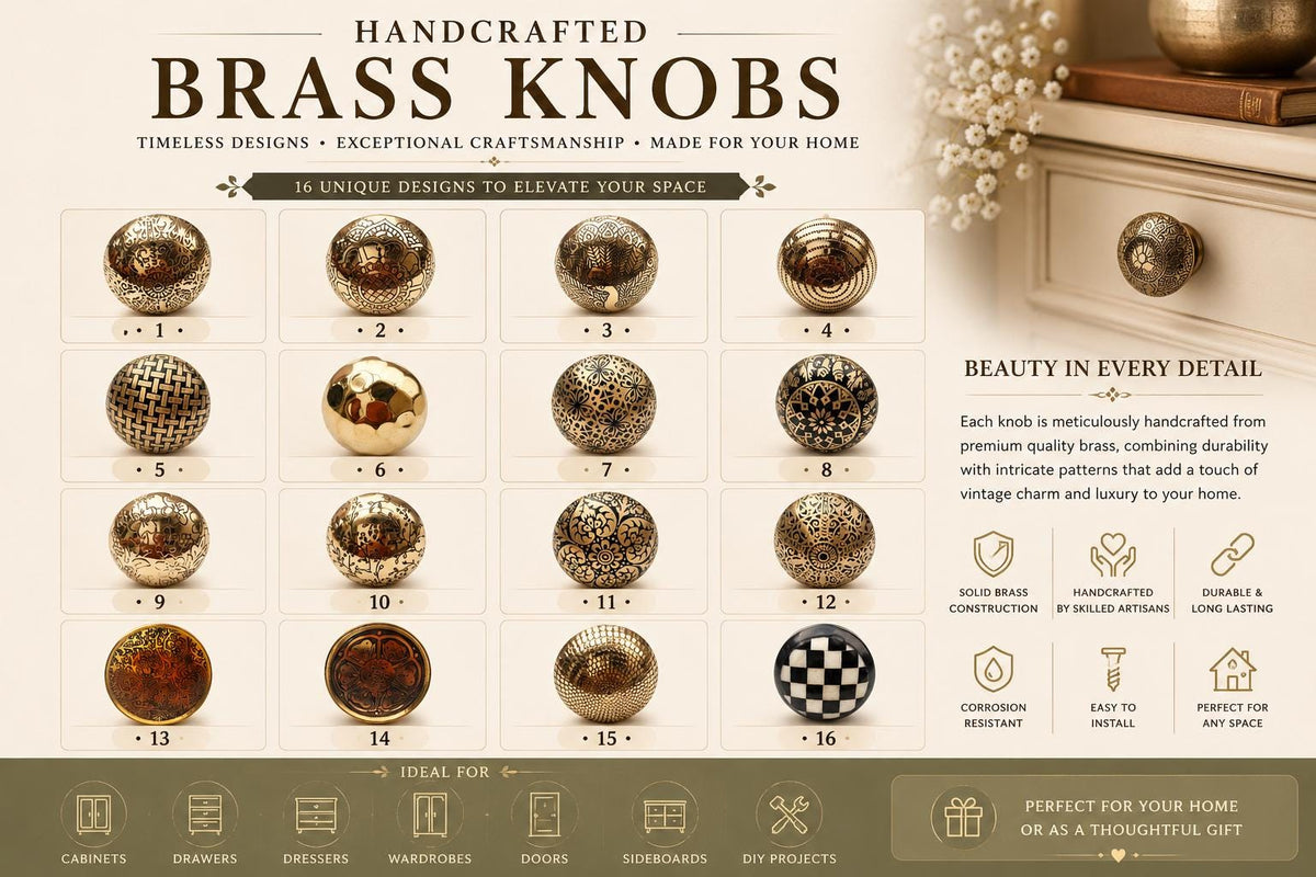 Handcrafted Solid Brass Cabinet Knobs | Vintage Floral Geometric Drawer Pulls