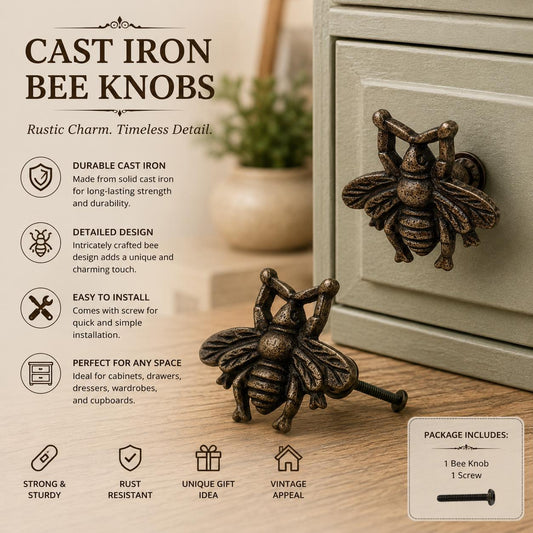 Cast Iron Bee Cabinet Knob – Rustic Bumble Bee Drawer Pull, Antique Bronze Handle