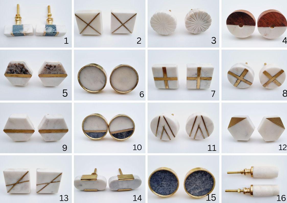 Handmade Marble Cabinet Knob with Brass Inlay - 16 Geometric Shapes