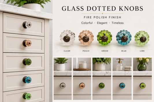 Vintage-Inspired Glass Dotted Knobs – Assorted Colors, Antique Brass Finish
