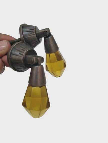 Faceted Glass Drop Cabinet Knobs | Antique Brass Vintage Drawer Pulls