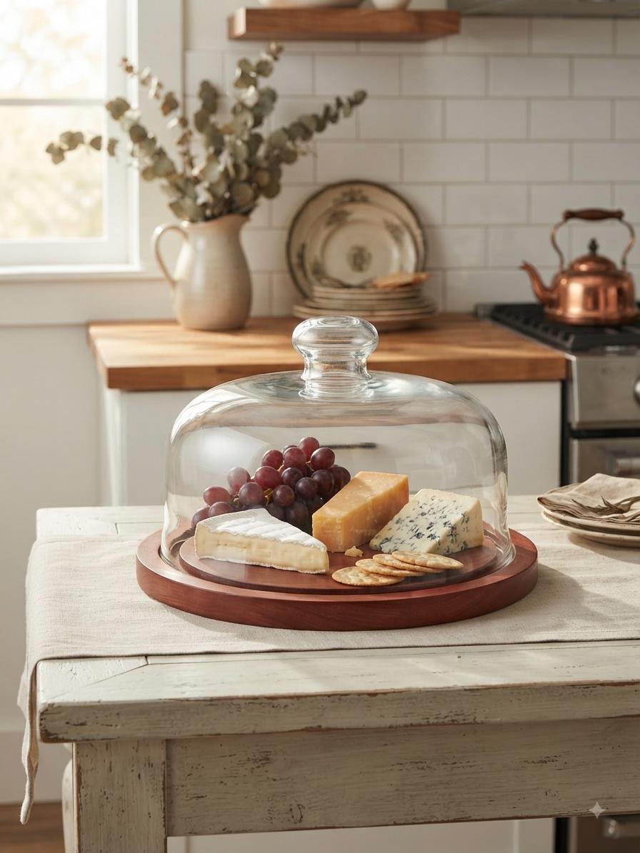 8-Inch Glass Cake Dome with Wooden Serving Plate, Bakery Display Cover