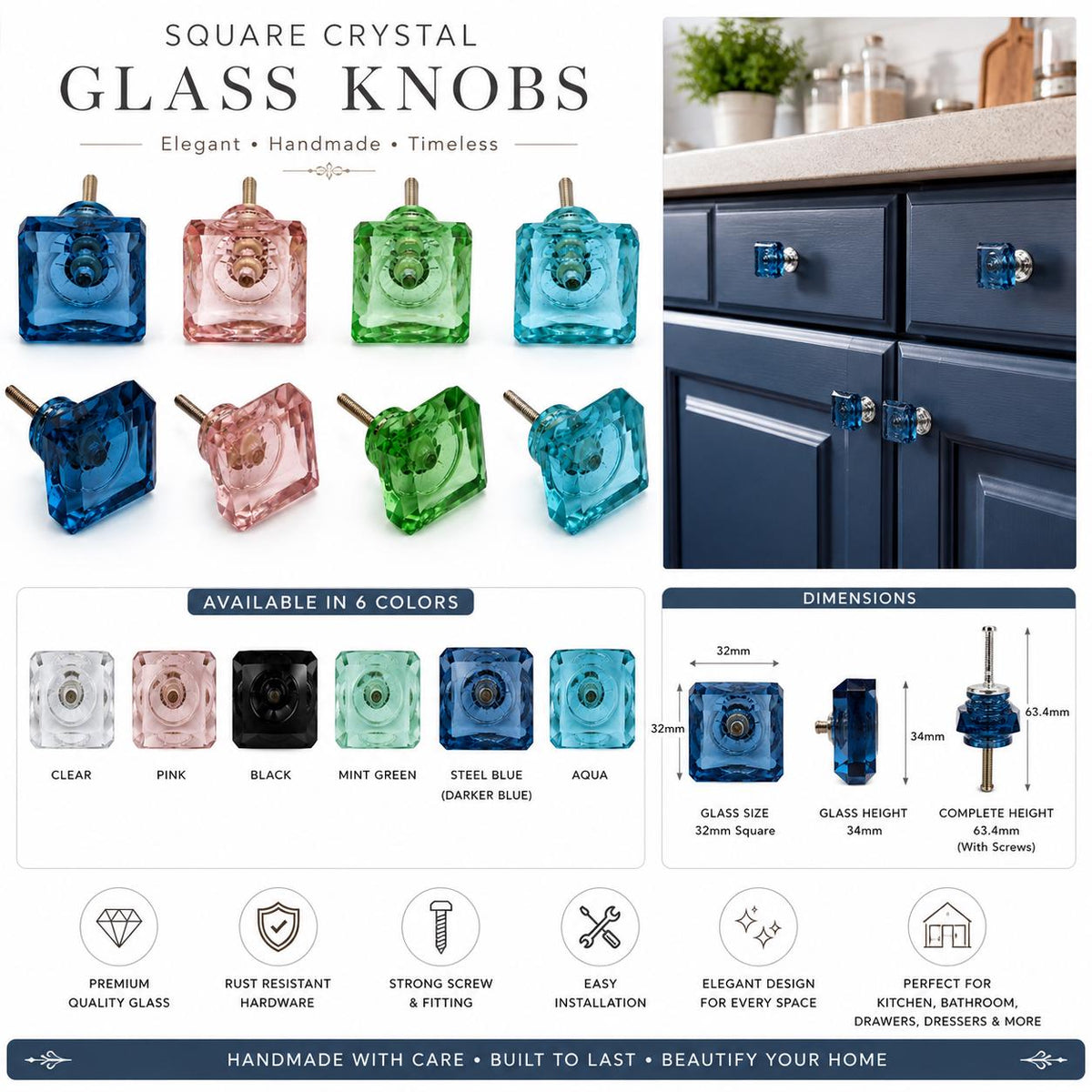 Handmade Square Crystal Glass Cabinet Knob | Faceted Drawer Pull (32mm)
