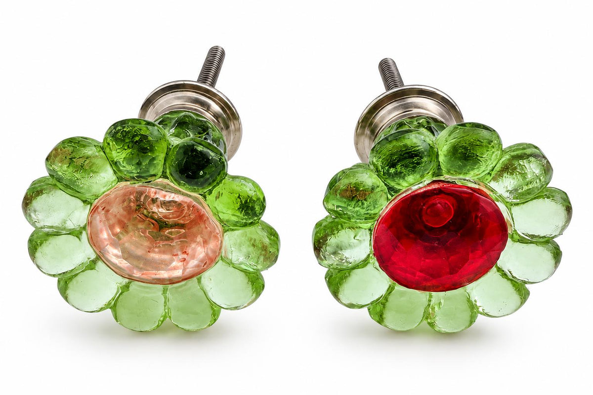 Green Glass Flower Drawer Knob, Handmade Floral Cabinet Hardware, Choose Center Color
