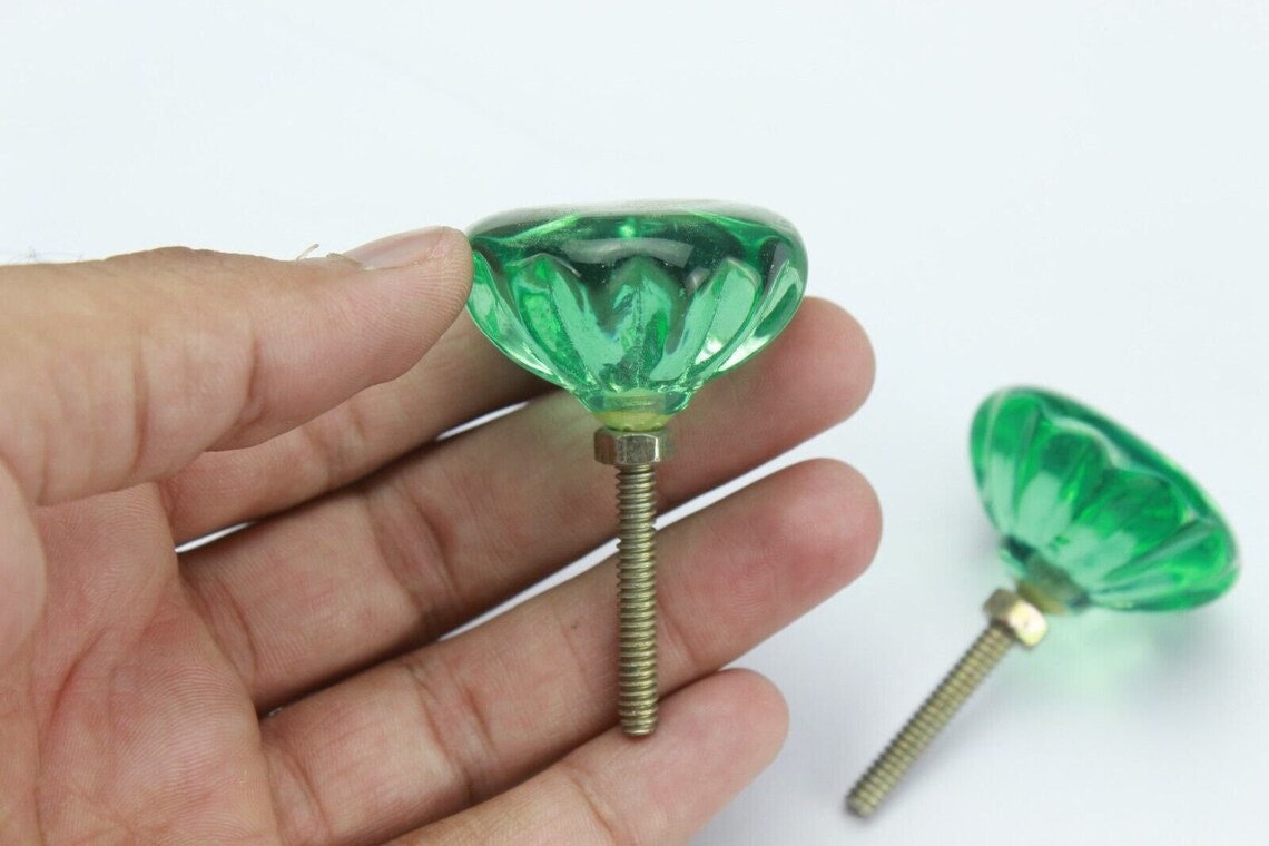 Handmade Fluted Glass Cabinet Knob: Vintage Drawer Pull, Brass Fitting
