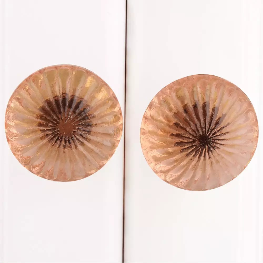 Set of 6 glass round flat pink flower knob