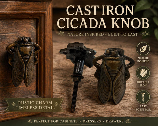 Cast Iron Cicada Cabinet Knob | Rustic Farmhouse Insect Drawer Pull | Nature Inspired Hardware