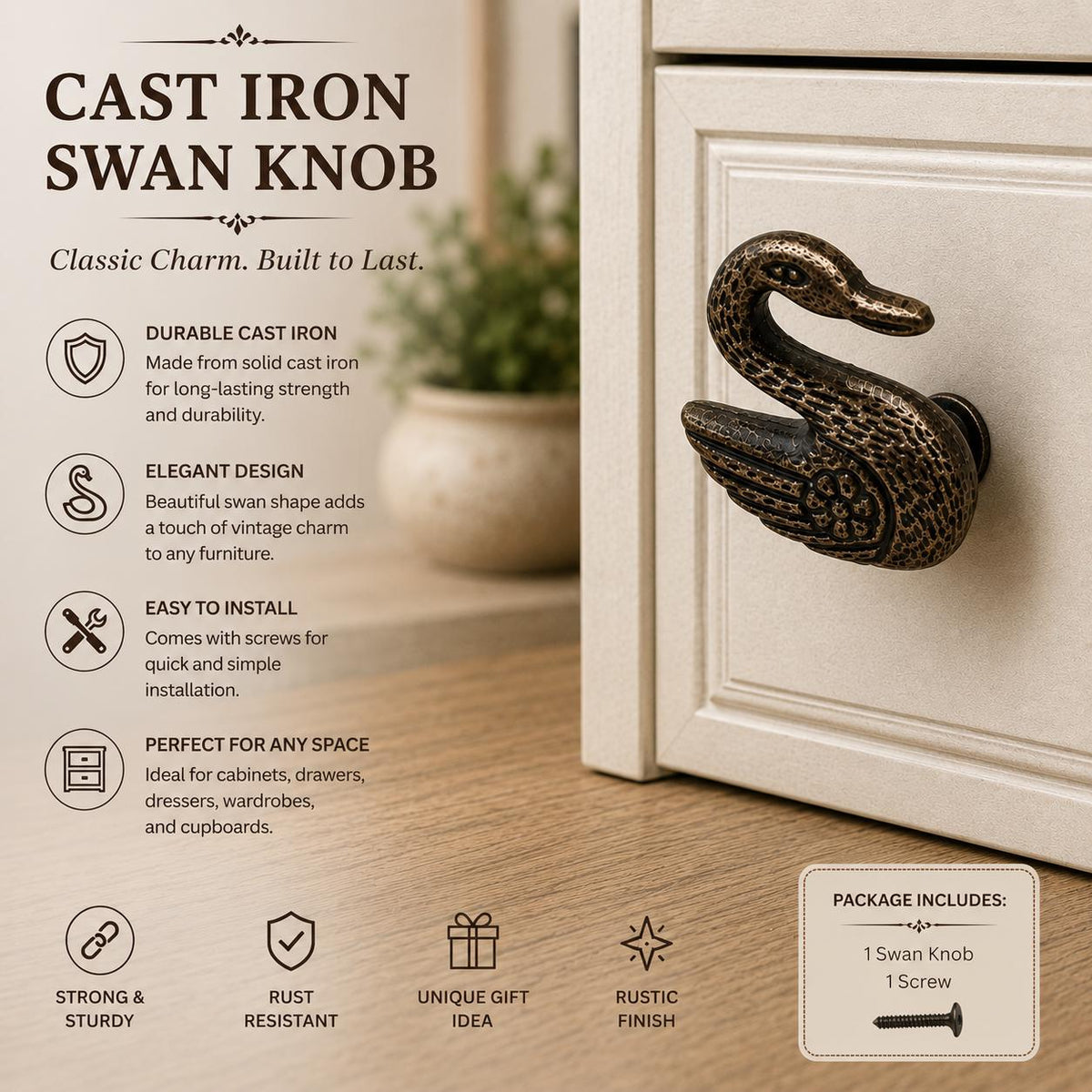 Cast Iron Swan Cabinet Knob – Antique Bronze Rustic Farmhouse Drawer Pull