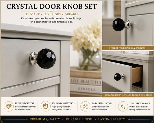 Black Faceted Crystal Glass Knob | 30mm Solid Brass Dresser Pull