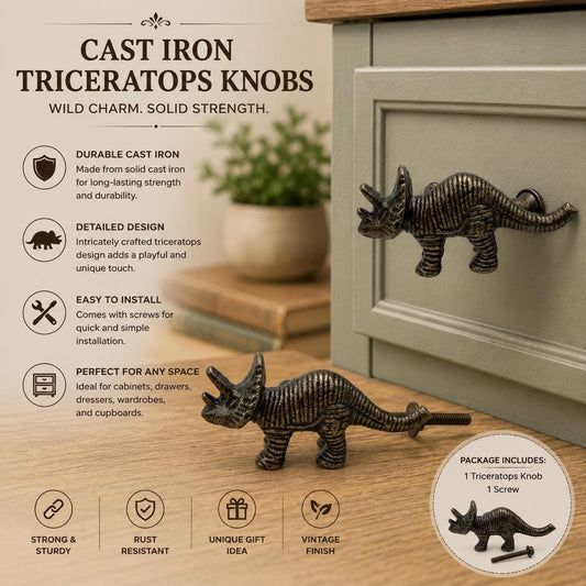 Cast Iron Triceratops Cabinet Knob – Dinosaur Drawer Pull, Antique Bronze Finish