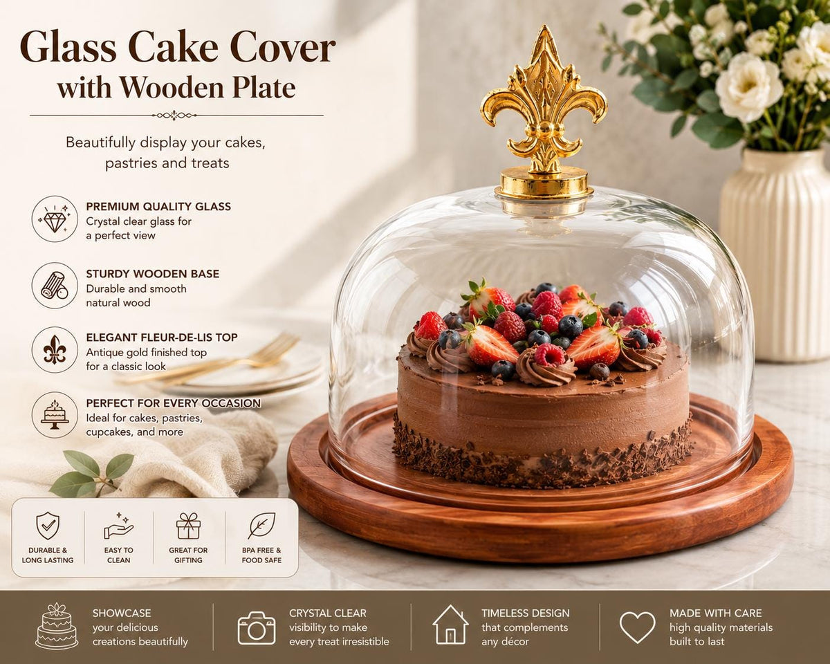 7-Inch Glass Cake Dome with Wooden Serving Plate, Bakery Display Cover