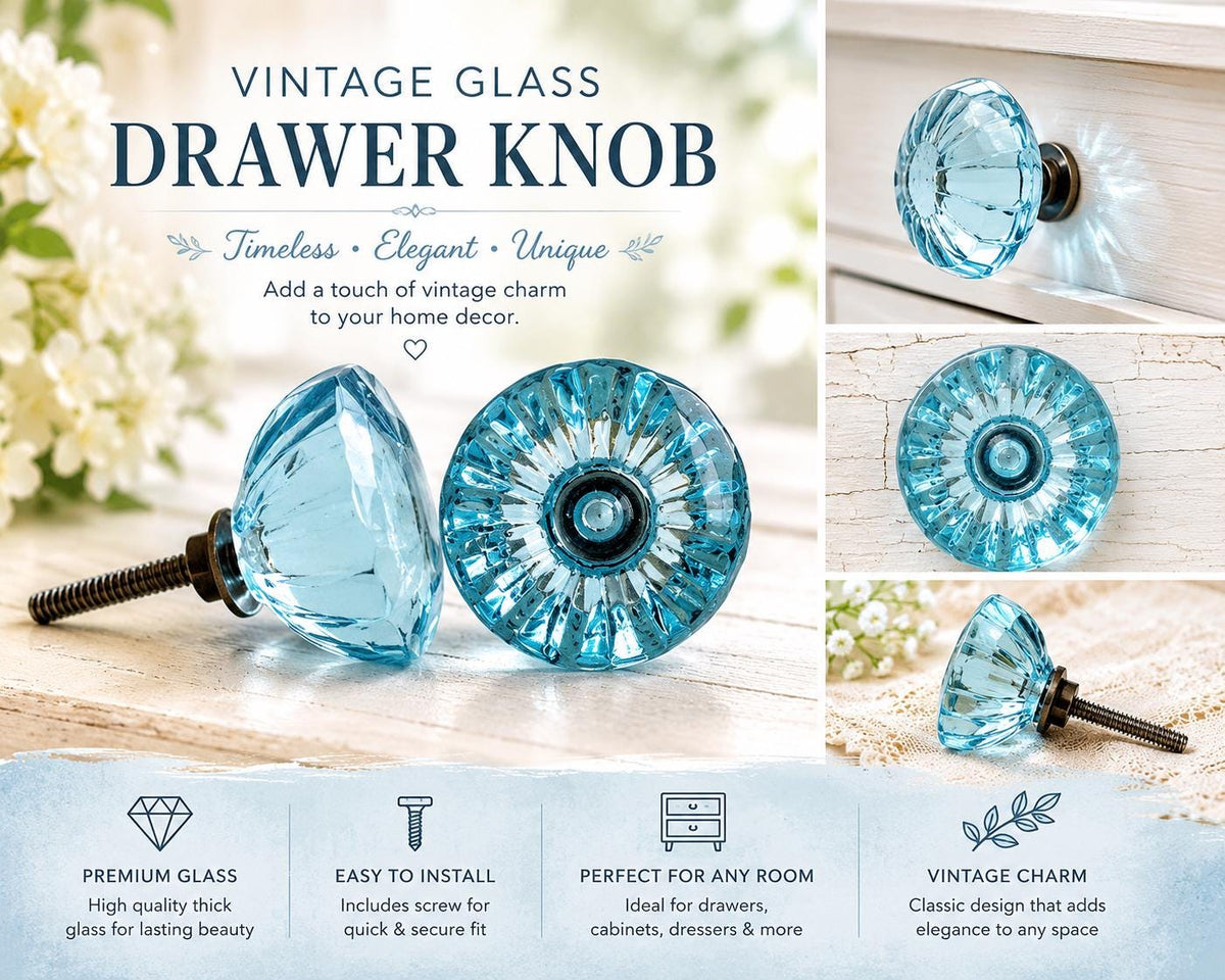 vintage Style Pressed Glass Cabinet Knob with Brass / Stainless Bolts