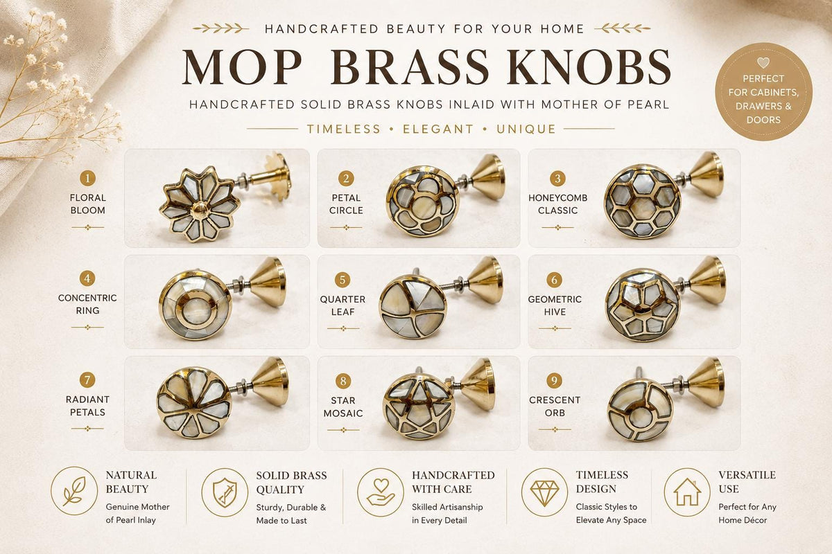 Handcrafted Mother of Pearl Brass Cabinet Knob | Solid Brass Drawer Pull