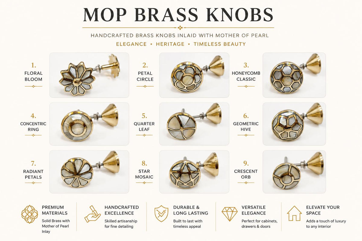 Handcrafted Mother of Pearl Brass Cabinet Knob | Solid Brass Drawer Pull