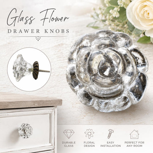 Clear Glass Flower Knob, Floral Drawer Pull, Vintage Cabinet Hardware, Antique Brass Backplate