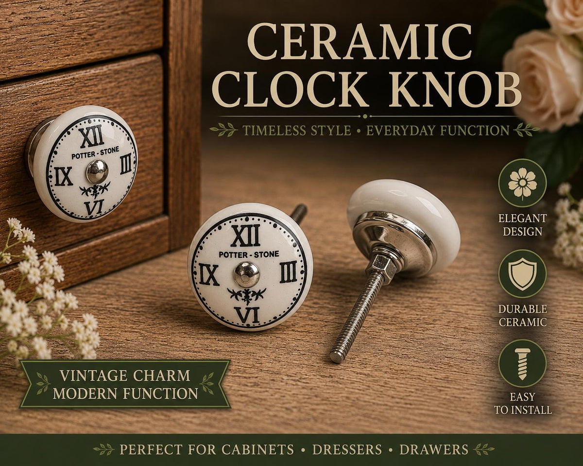 Vintage Ceramic Clock Knob, Farmhouse Drawer Pull, Roman Numeral Cabinet Handle